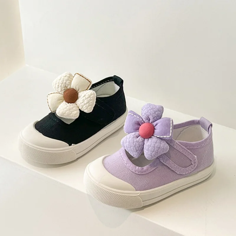 Girls Canvas Shoes Cute Flower Comfortable Casual Shoes Fashion Soft Sole Non-slip Sneakers Toddler Shallow Girls Princess Shoes