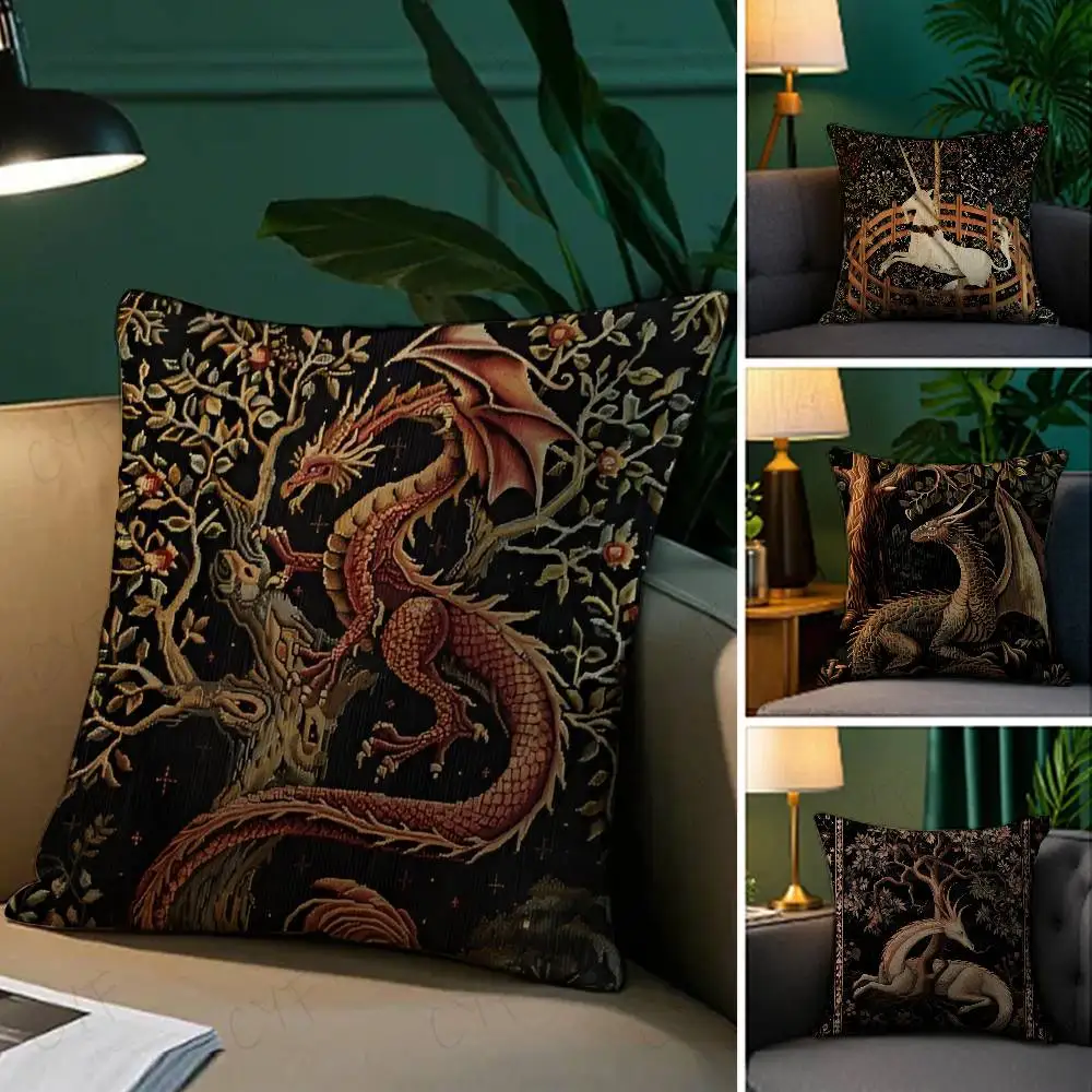 

Vintage Medieval Unicorn Art Pillow Case Custom Printed Brushed Fleece Pillow, Baby Skin-Touch, Eco-Friendly Dye-Sublimation Cus