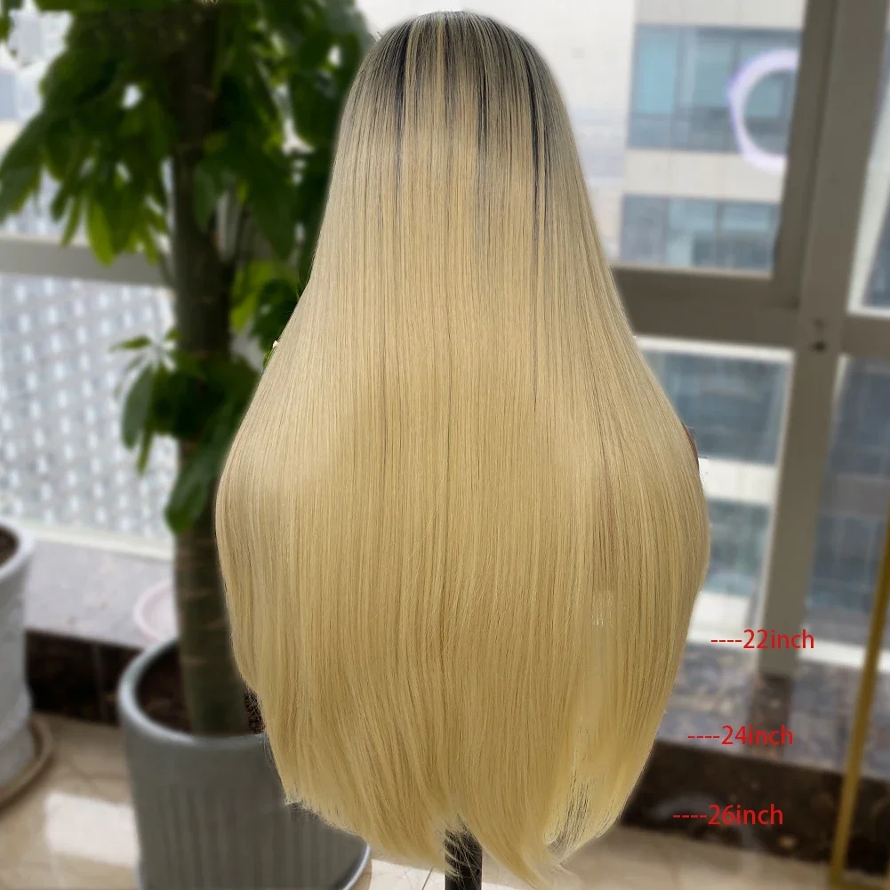 Wig depan renda lurus pirang Ombre panjang dengan kepadatan 180 26 inci alami lembut untuk wanita rambut bayi prepked harian tanpa lem modis