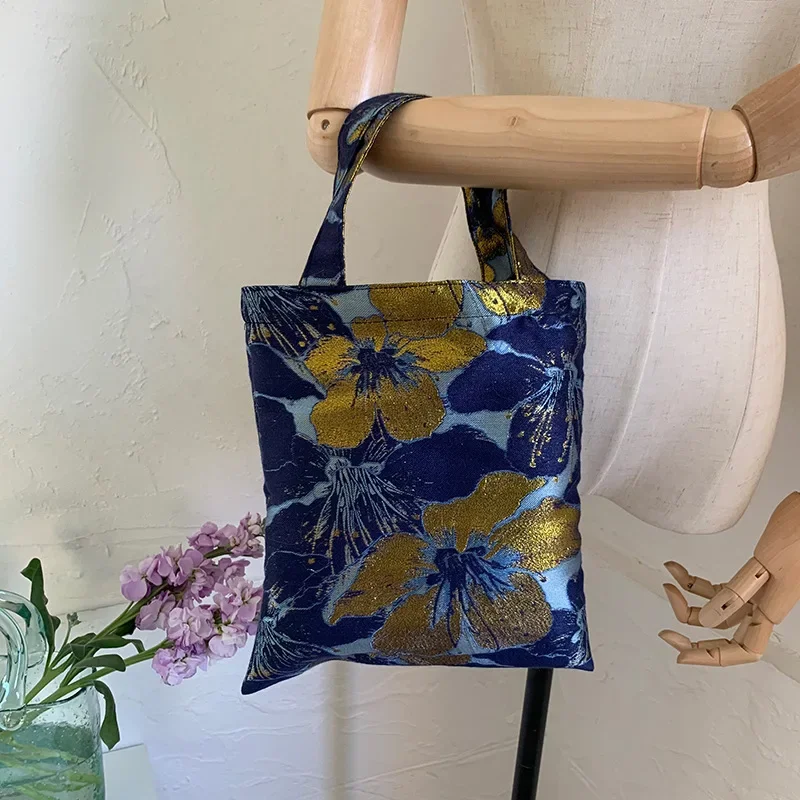 Vintage Cloth Women Small Handbags Jacquard Fabric Ladies Mini Top Handle Tote Bag Fashion Flower Female Evening Clutch Purse