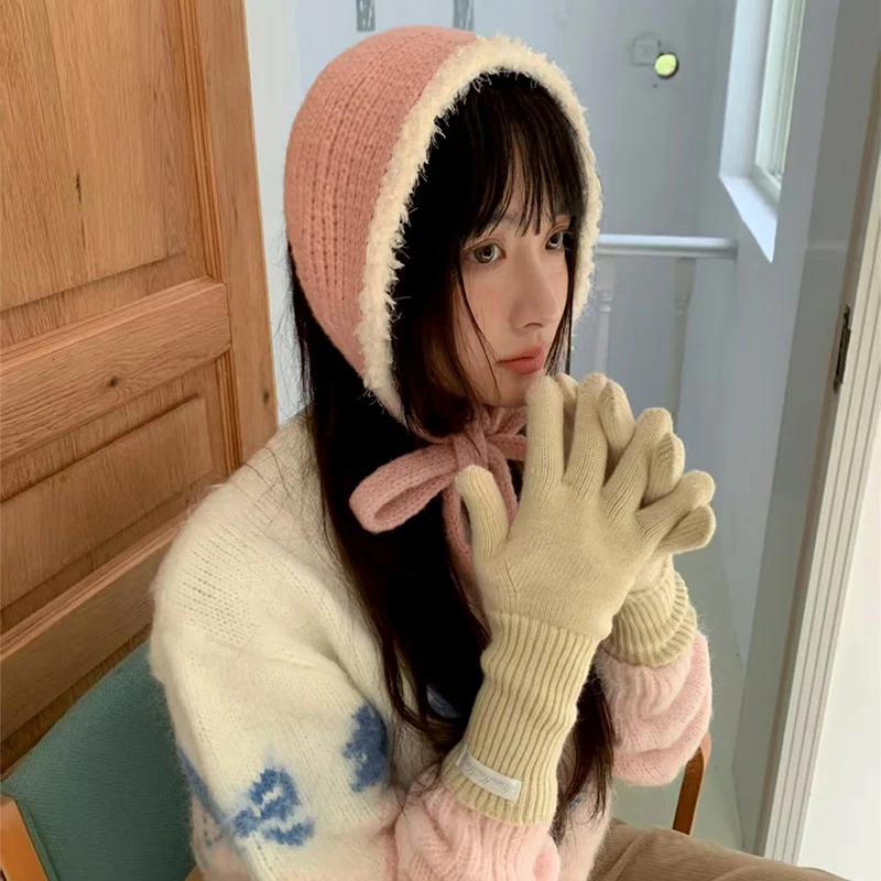 Penutup Telinga Rajutan Hangat Gaya Korea Musim Gugur/Dingin Wanita Tebal Lucu Penutup Telinga Bulu Halus Syal Aksesori Perjalanan Luar Ruangan