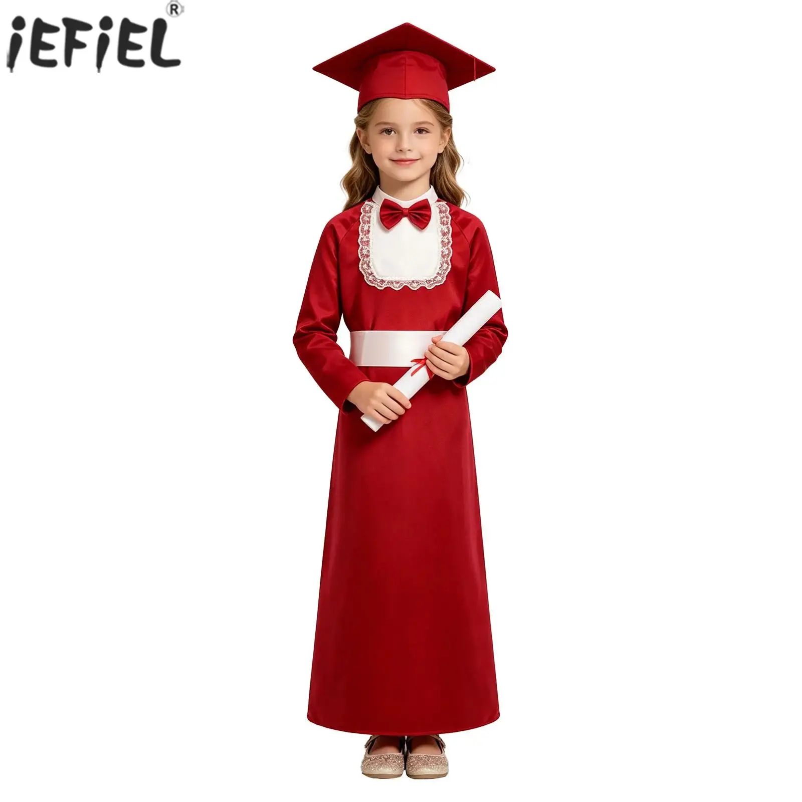 Kids Girls Boys Choir Worship Robe Long Sleeve Lace Trim Bow Maxi Gown with Belt for Church Event Halloween Cosplay Theme Party
