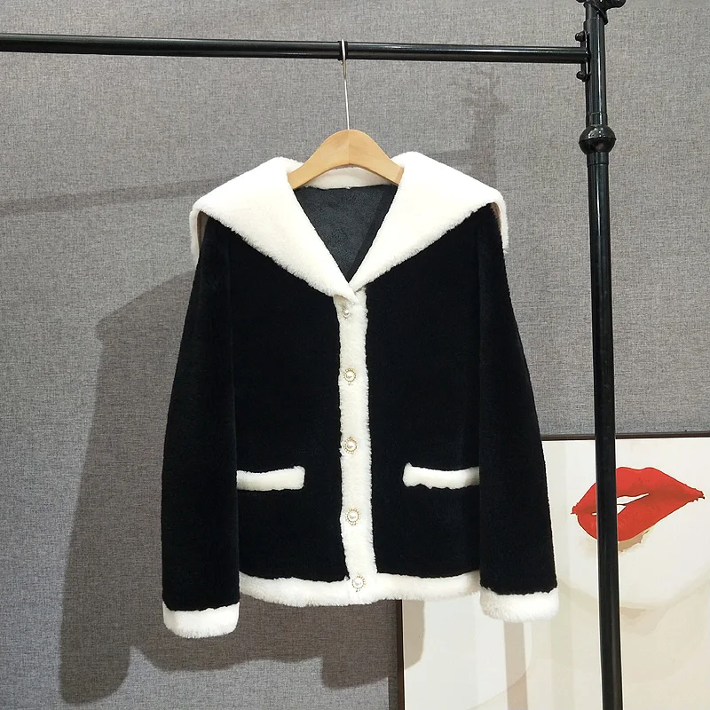 

2023 Fall And Winter Navy Collar Grain Sheep Shearling Fur Coat 100% Lamb Fur Coat Short Warm Jacket PT386