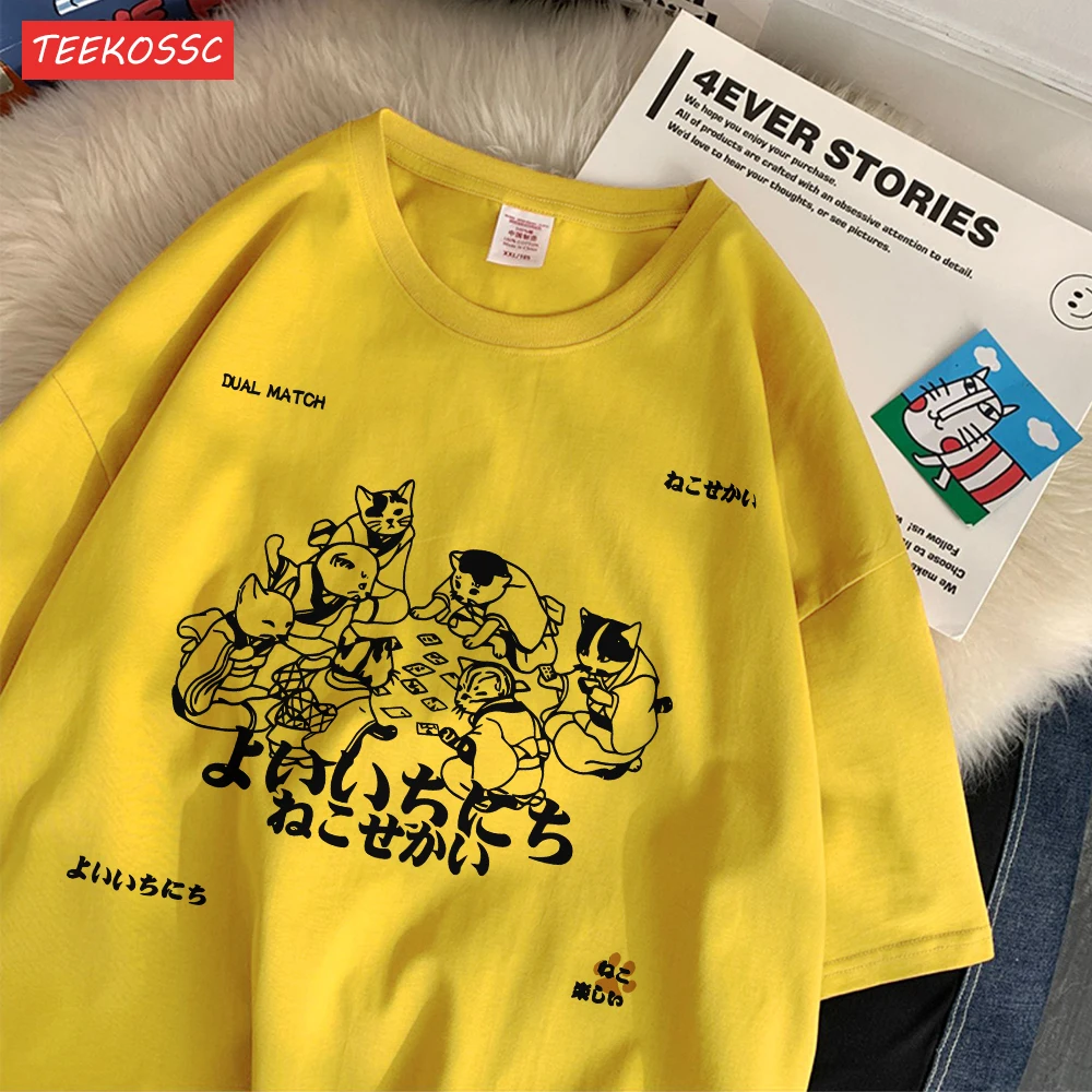 Trend Cotton Women'S T-Shirts Japanese Harajuku Style Cats Prints Short Sleeve O-Neck Oversize Breathable Summer Female Clothes