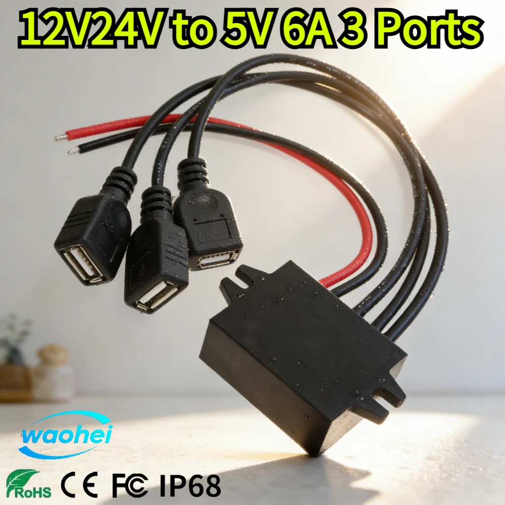 

12V 24V to 5V 6A 3 Ports Triple USB Plug Charger DC DC Power Step Down Converter Buck Multiple Female Adapter Converters 30W UL