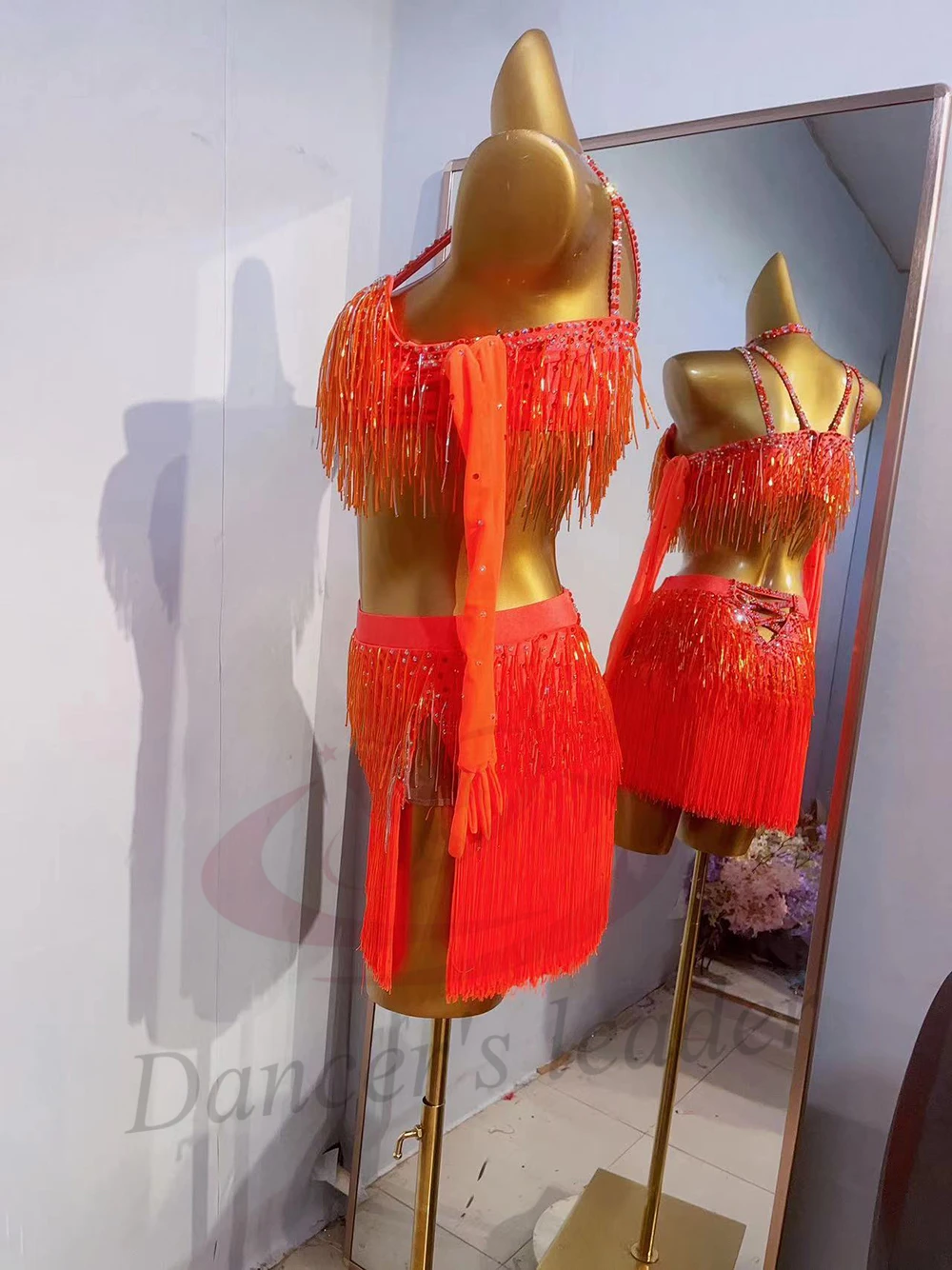라틴 댄스 의상 AB 스톤 여성 성인 어린이 고급 맞춤형 오렌지 비즈 튜브 태슬 삼바 공연 드레스