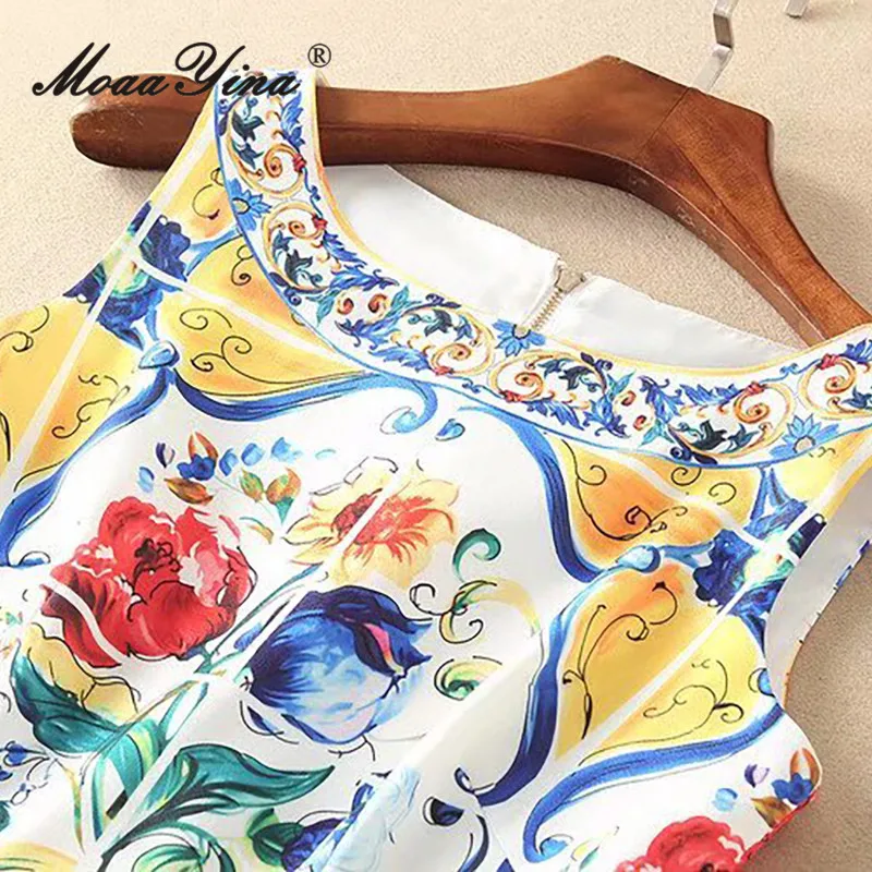 MoaaYina 2025 봄/여름 여성 민소매 화려한 꽃 프린트 버튼 장식 드레스