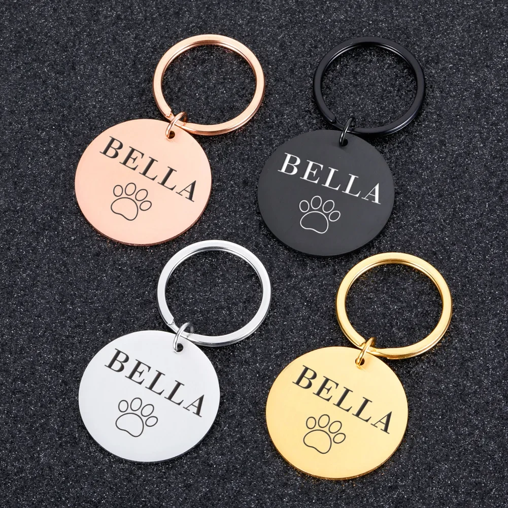 Anti-lost IDTag Stainless Steel Keychians Engraved Tel Address Cat Puppy Personalized Dog Pet Collar Keyrings Pendant Accessory