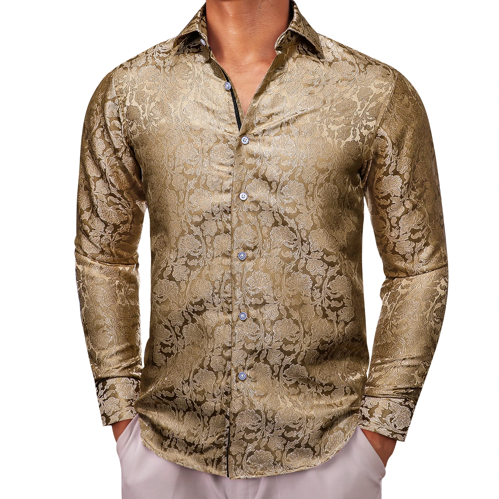 

Designer Shirts for Men Silk Long Sleeve Brown Floral Slim Fit Male Blouses Casual Formal Tops Breathable Barry Wang