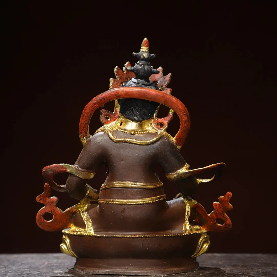 Tibetan Temple Collection Old Bronze Gilded Painted Face Yellow Jambhala Sitting Buddha Lotus Platform Worship Hall Town house