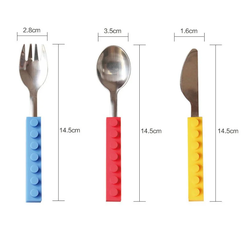 3pcs Stainless Steel Dinnerware Children Western Cutlery Set Knife Fork Spoon Dinner Tableware Silicone Building Blocks Handle