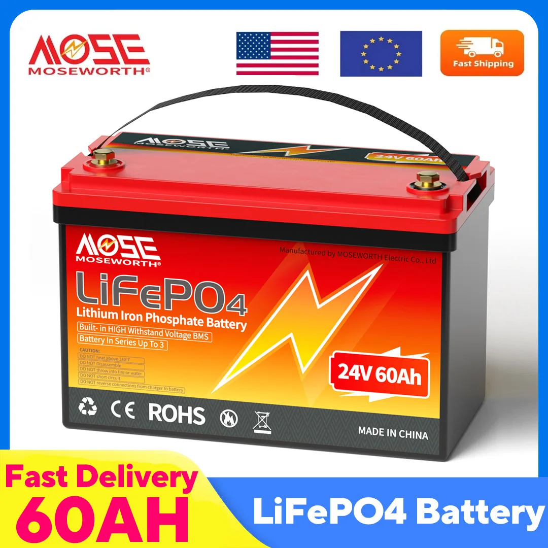 

MOSEWORTH 24 В 60 Ач LiFePO4 аккумуляторная литиевая аккумуляторная батарея с глубоким циклом BMS 5000 + для морских кемперов на колесах солнечная батарея