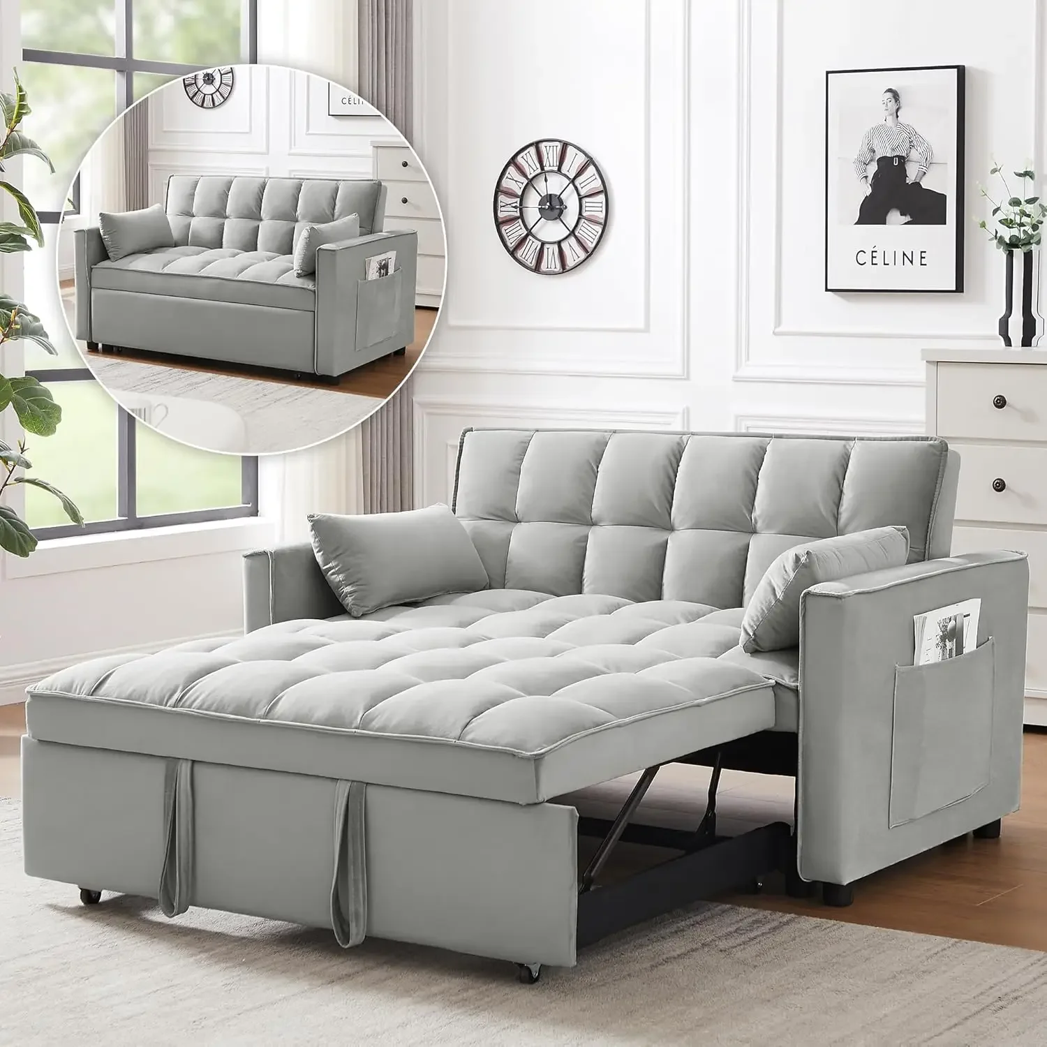 3 in 1 Convertible Sleeper Sofa Bed Couches for Living Room with Side Pocket Adjustable Backrest Velvet Fabric  Out Couch