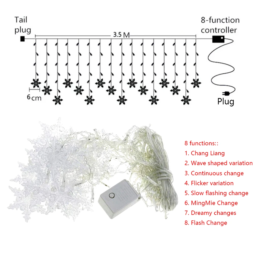 3.5M 5M Snowflake LED String Light EU US UK AU Plug Kit RGB Warm White Blue Purple Yellow 96 216 LEDs/M Christmas Curtain Decor