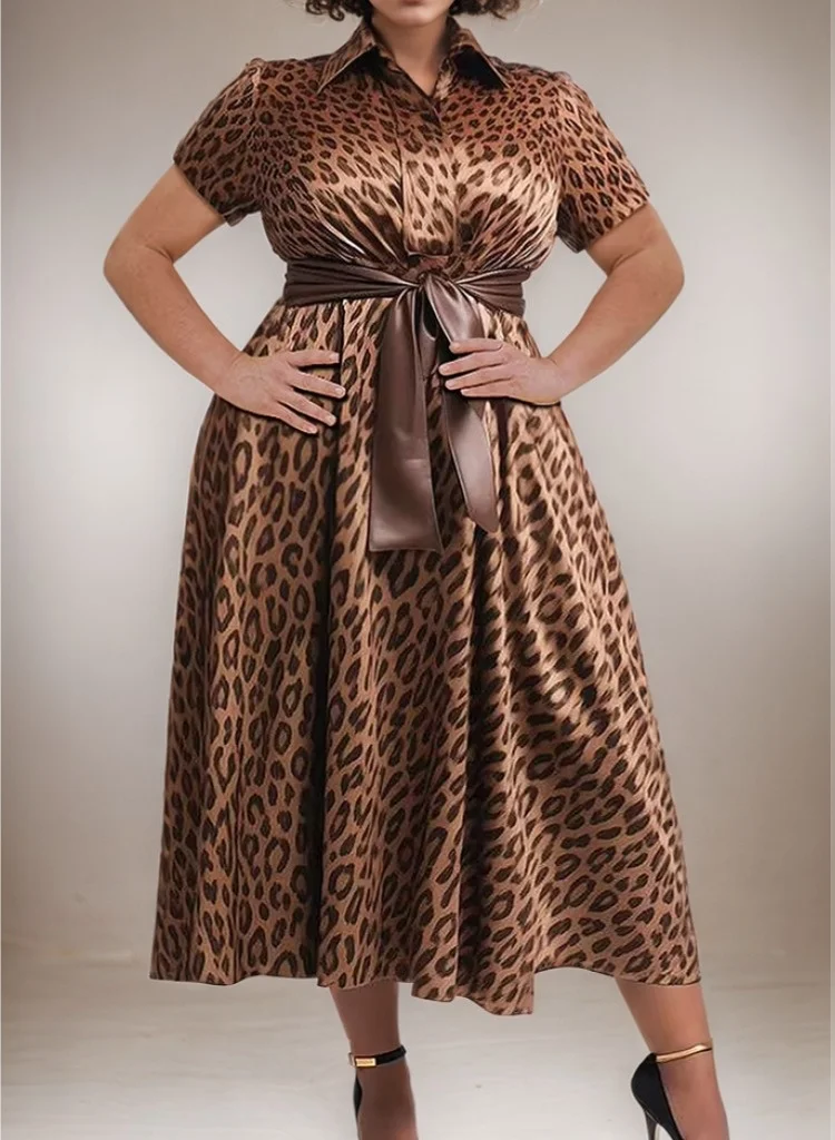 Plus Size Leopard Printed Dress for Women Pleated A-Line Dress with Belt Turn Down Collar Casual Short Sleeve Summer Dress
