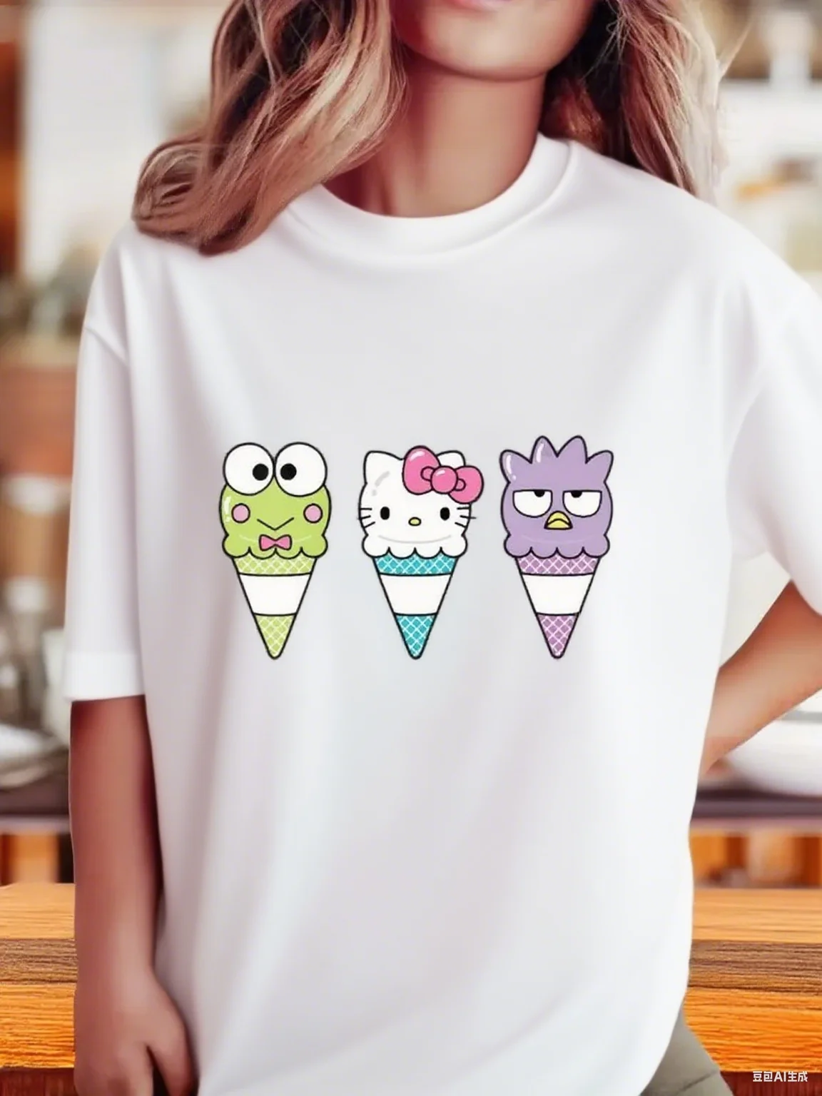 

Sanrio Characters Ice Cream Cone Cotton T Shirt Features Adorable Sanrio Characters Keroppi Hello Kitty and Badtz Maru Tee S-4XL