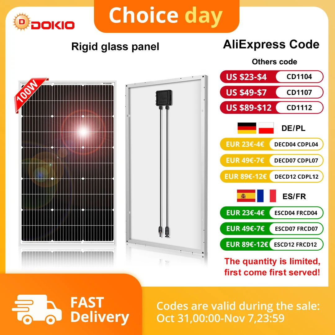 DOKIO 18 فولت 100 واط لوحة طاقة شمسية صلبة الصين 18 فولت أحادية السيليكون لوحة طاقة شمسية مقاومة للماء شحن 12 فولت # DSP-100M التخييم/المنزل/RV