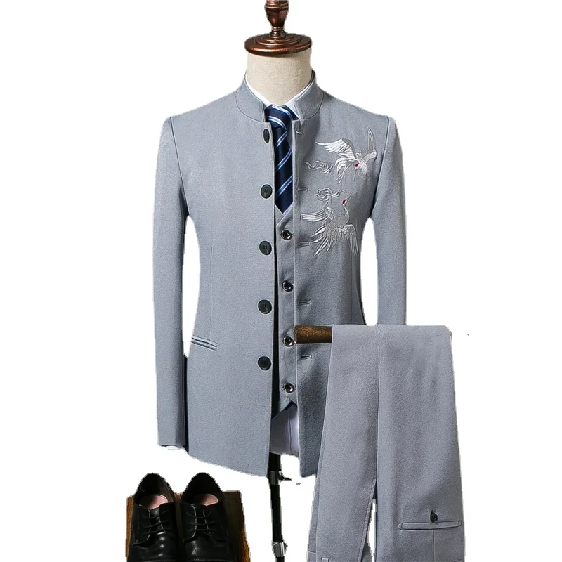 

Men's Suit Fashion Chinese Retro Wedding Groom Set Standing Collar Classic Men's Suit Coat Pants