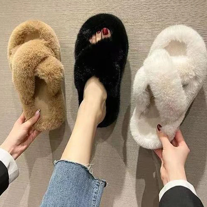 Women’s Cross Band Slippers Soft Plush Lightweight Non Slip Open Toe Flip Flop Shoes House Indoor Outdoor Fur Fuzzy Slippers