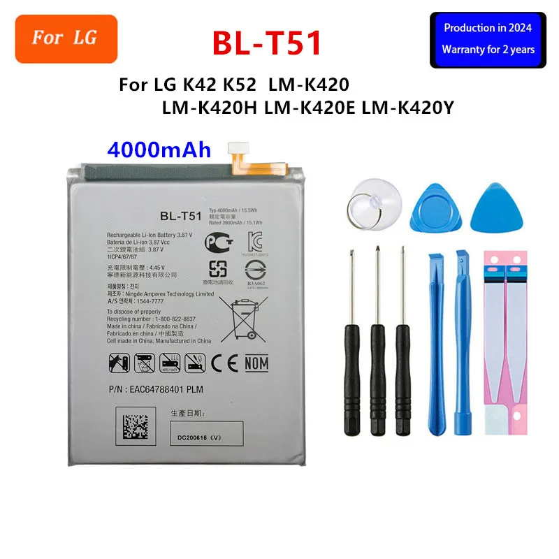 

Original BL-T51 4000mAh Battery For LG K42 K52 LMK420 LM-K420 LM-K420H LM-K420E LM-K420Y BL T51 Mobile phone Batteries+Tools