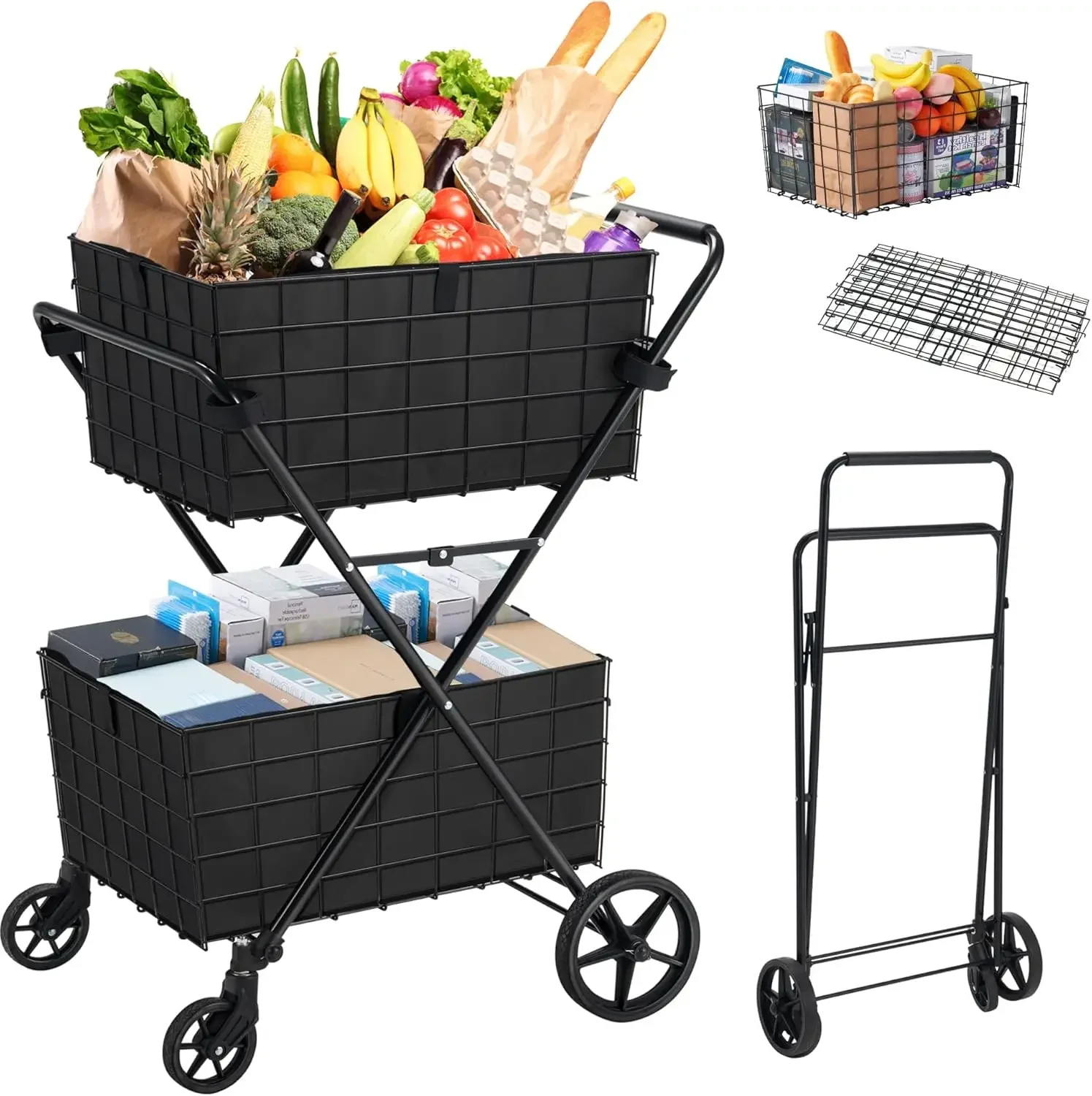 2-Tier Shopping Cart with Wheels Folding Grocery Cart with Removable Double Baskets 360° Rolling Laundry Cart