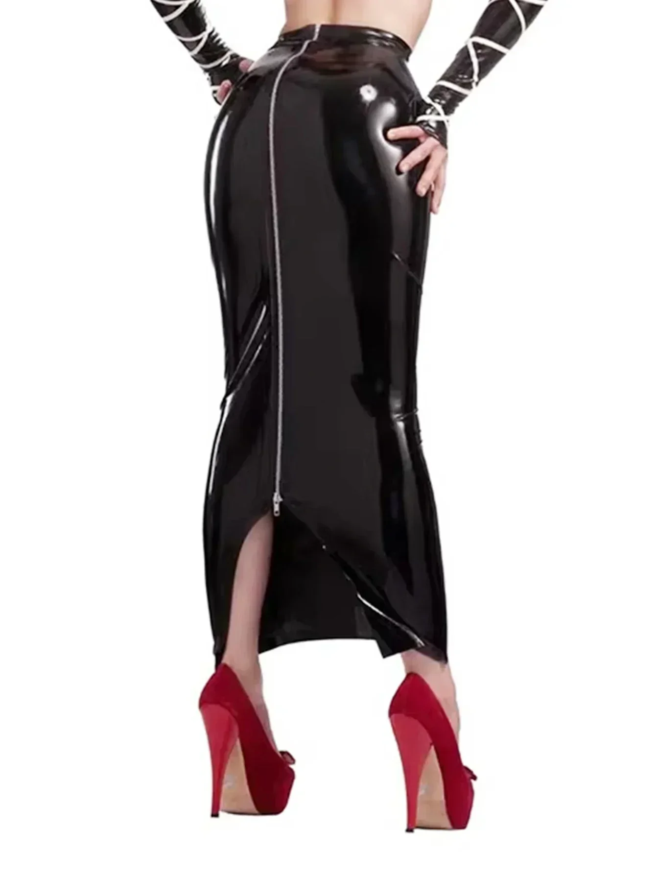 Sexy schwarzer, glänzender Latex-Bleistiftrock mit hoher Taille, figurbetonter, langer Maxi-Rock mit Reißverschluss hinten und seitlichem Schlitz, PVC-Clubwear für Damen, Party, Nachtclub – Detail 5