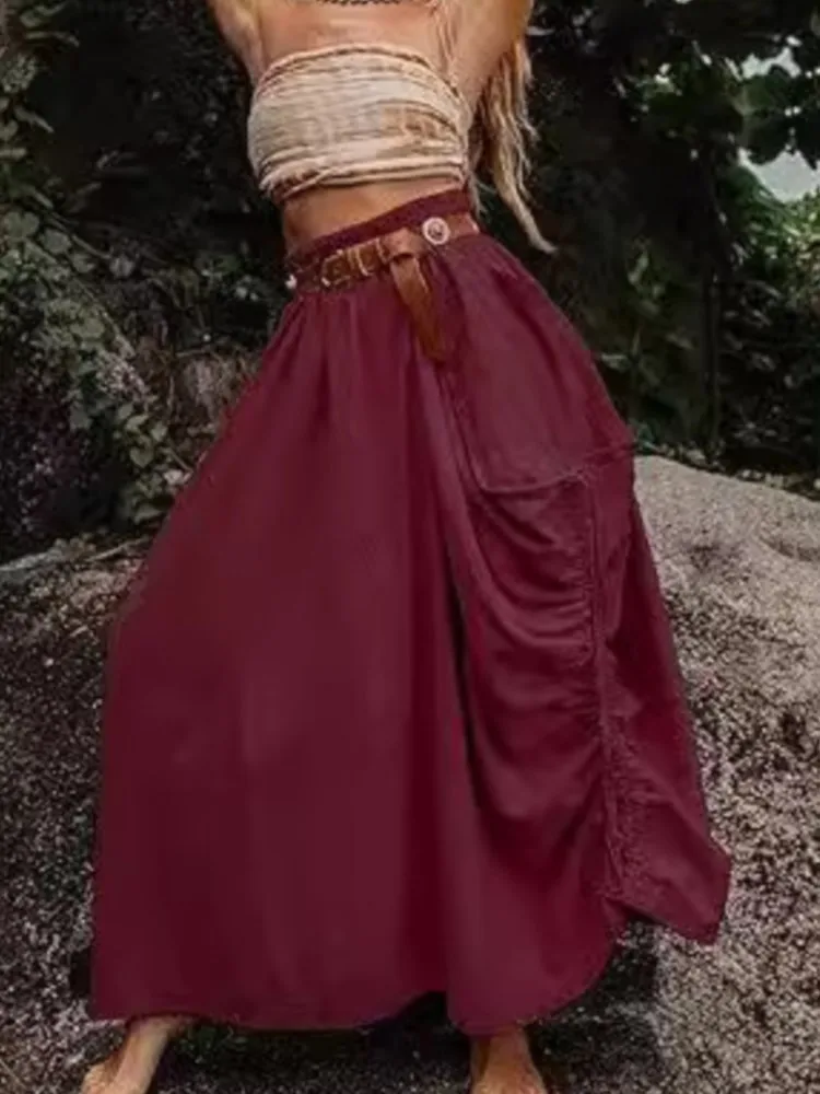 

Модная однотонная юбка для женщин, повседневная свободная юбка с высокой талией и карманами на шнуровке, длинные юбки, женская уличная одежда в стиле бохо, праздничная женская одежда