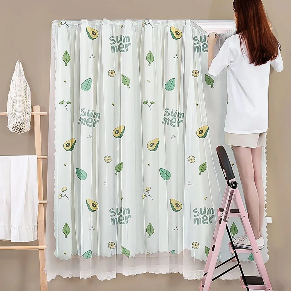 

1 Pc No Drill Double Layer Curtain Self-adhesive with Rope Blackout Curtains Cartoon Pattern Bedroom Curtains Living Room