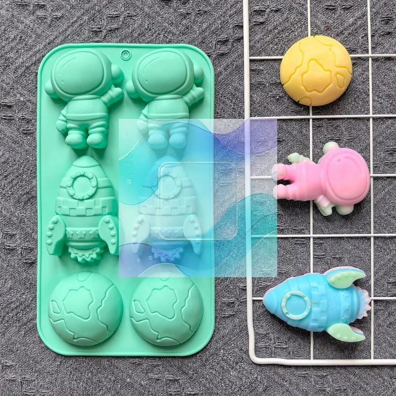 Multi-Purpose 6 Cavity Astronaut Silicone Mold Rocket Planet Space Themed Mould for Baking Candle Soap Resin Craft Making