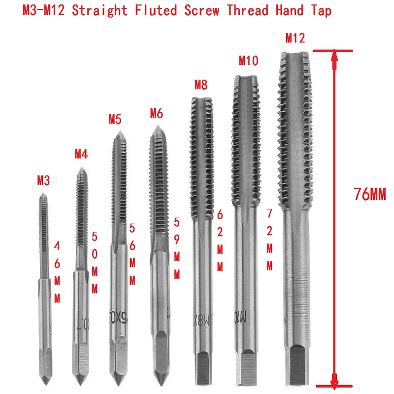 

7PCS/Set Bearing Steel Taper HSS M3 M4 M5 M6 M8 M10 M12 Spiral Point Straight Fluted Screw Thread Hand Tap Drill