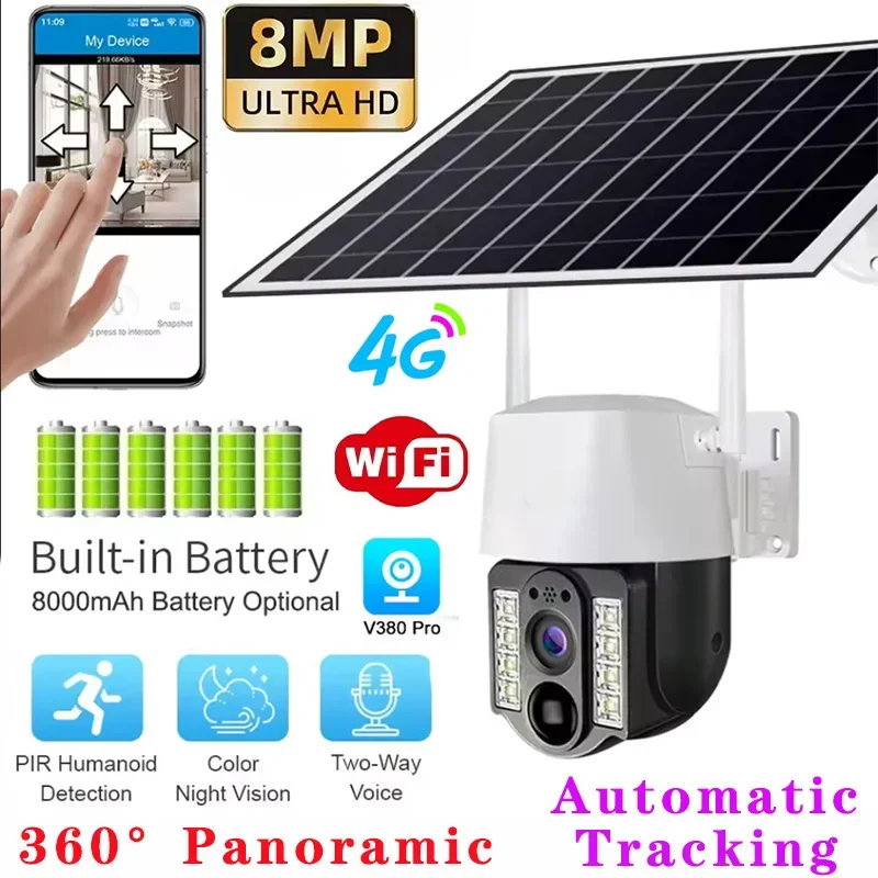 

8MP Wifi Solar Camera 4G Sim Outdoor Dual Lens IP Cameras PIR Night Vision V380Pro CCTV Home Security Protection Monitor Cam