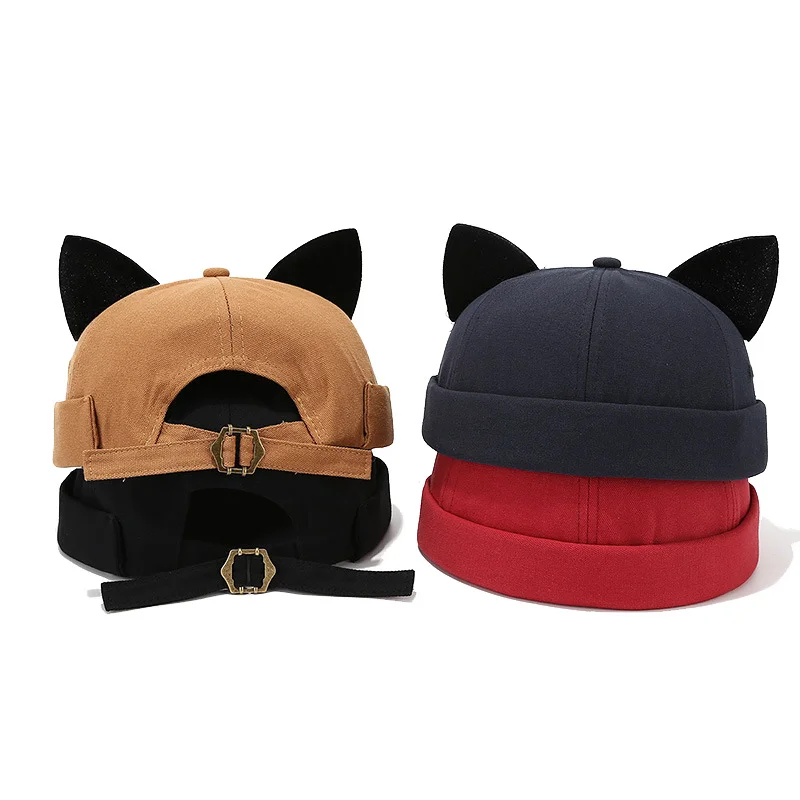 Cat Ear Docker Cap Brimless Hats Beanie for Women Men Skull Cap Worker Sailor Cap Rolled Cuff Retro Docker Hat Summer Fashion