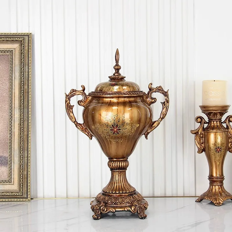 

European style resin relief decorative jar, living room foyer handicraft decoration piece, retro storage and storage jar, vase
