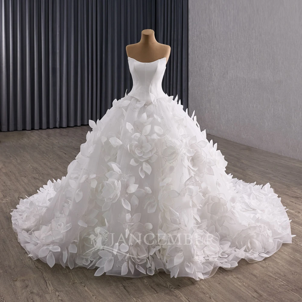 فساتين زفاف بدون حمالات أنيقة مخصصة ثوب الكرة بلا أكمام طول الأرض ثوب الزفاف ذيل المحكمة Vestidos De Novia #1