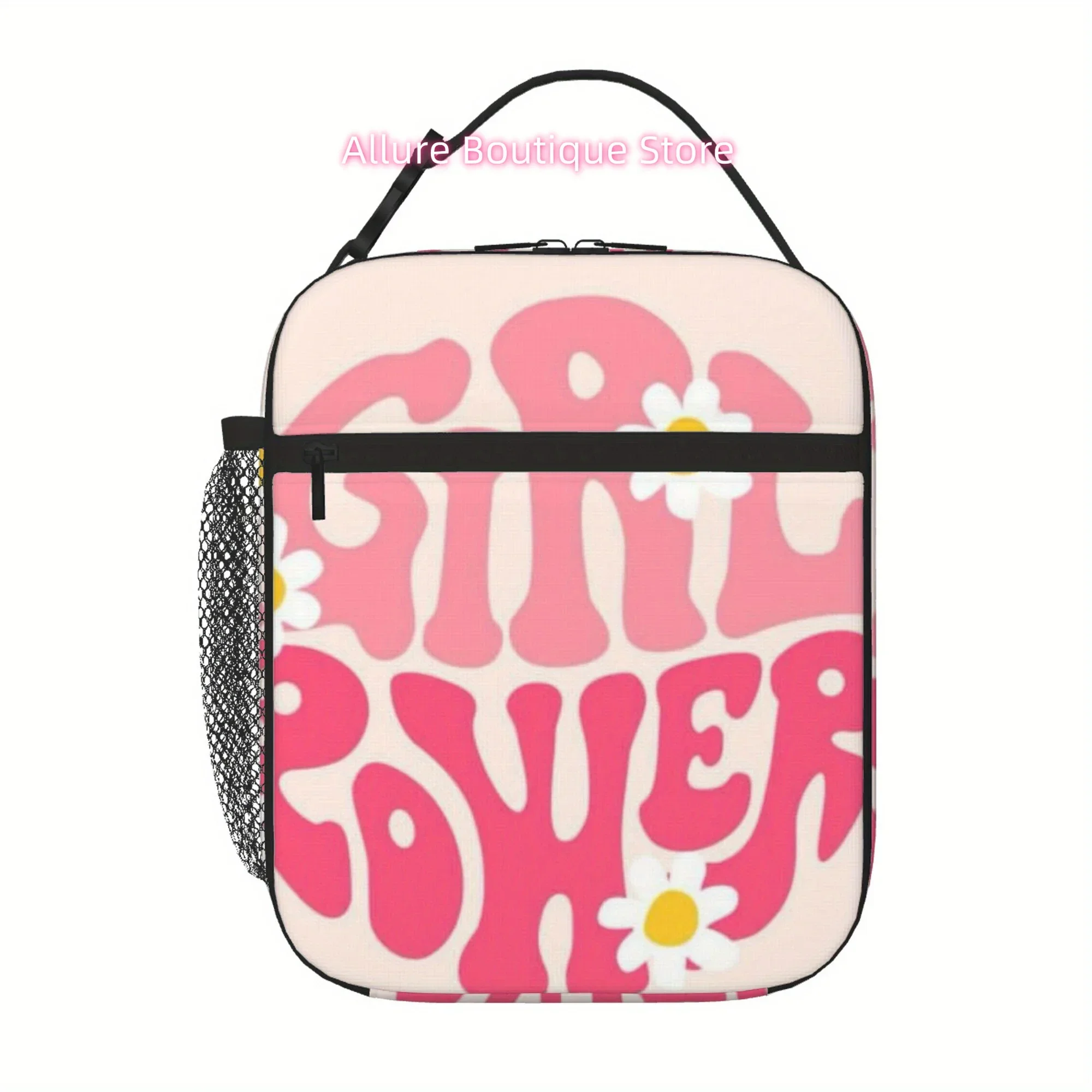 1pc Power Daisy & Feminist Slogan Thermal Insulated Bag - Pink & White Reusable Cooler with Power Logo, Portable for,1 Picnic -