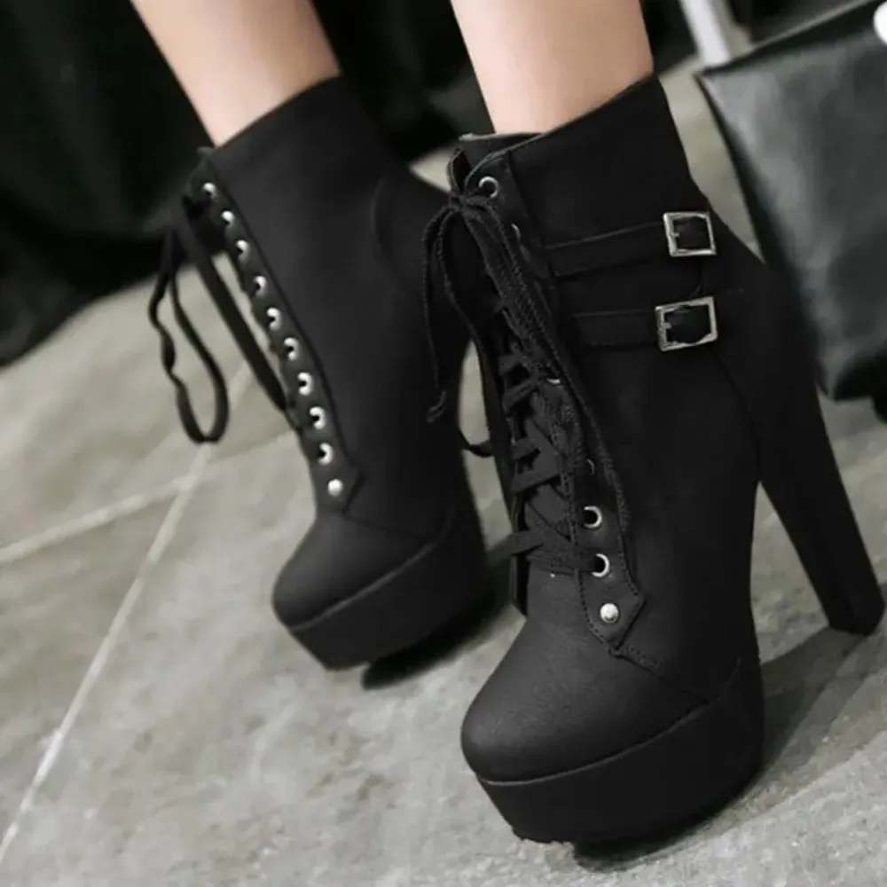 QPLYXCO 2017 New Super Big & small Size 30-50 autunno inverno stivaletti scarpe stivali corti da donna stringate tacco alto (12CM) C-3