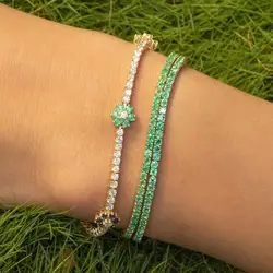 Wholesale 3mm Cz Tennis Chain Bracelet Bangle With Colorful Cz Paved Flower Charm Tennis Bracelet For Women Lady Wedding Jewelry