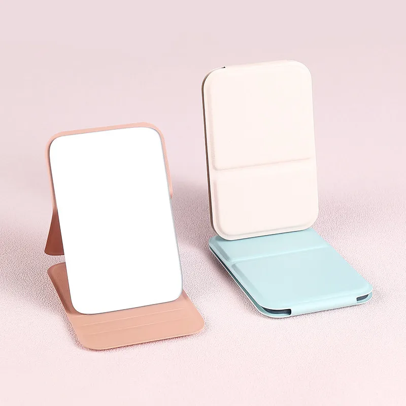 Desktop Folding Makeup Mirror PU Leather Portable Handheld Makeup Mirror Student Compact Cute Simple Solid Color Dressing Mirror