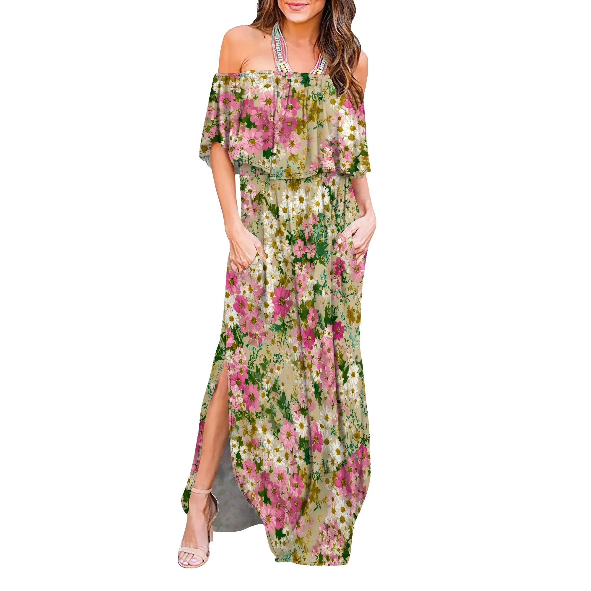 

Womens Off The Shoulder Ruffle Party Dresses Side Split Beach Maxi Dress