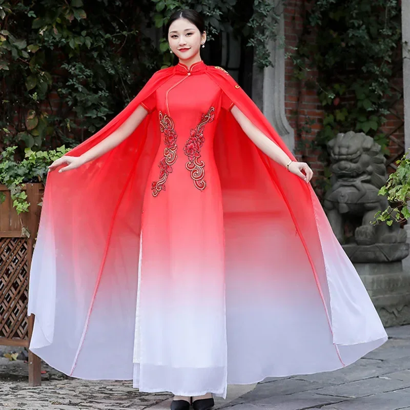 

Purple-white Gradient Satin Chinese Dress Female Long Qipao With Shawl 2PCS Women Elegant Cheongsams Oversize Banquet Vestidos