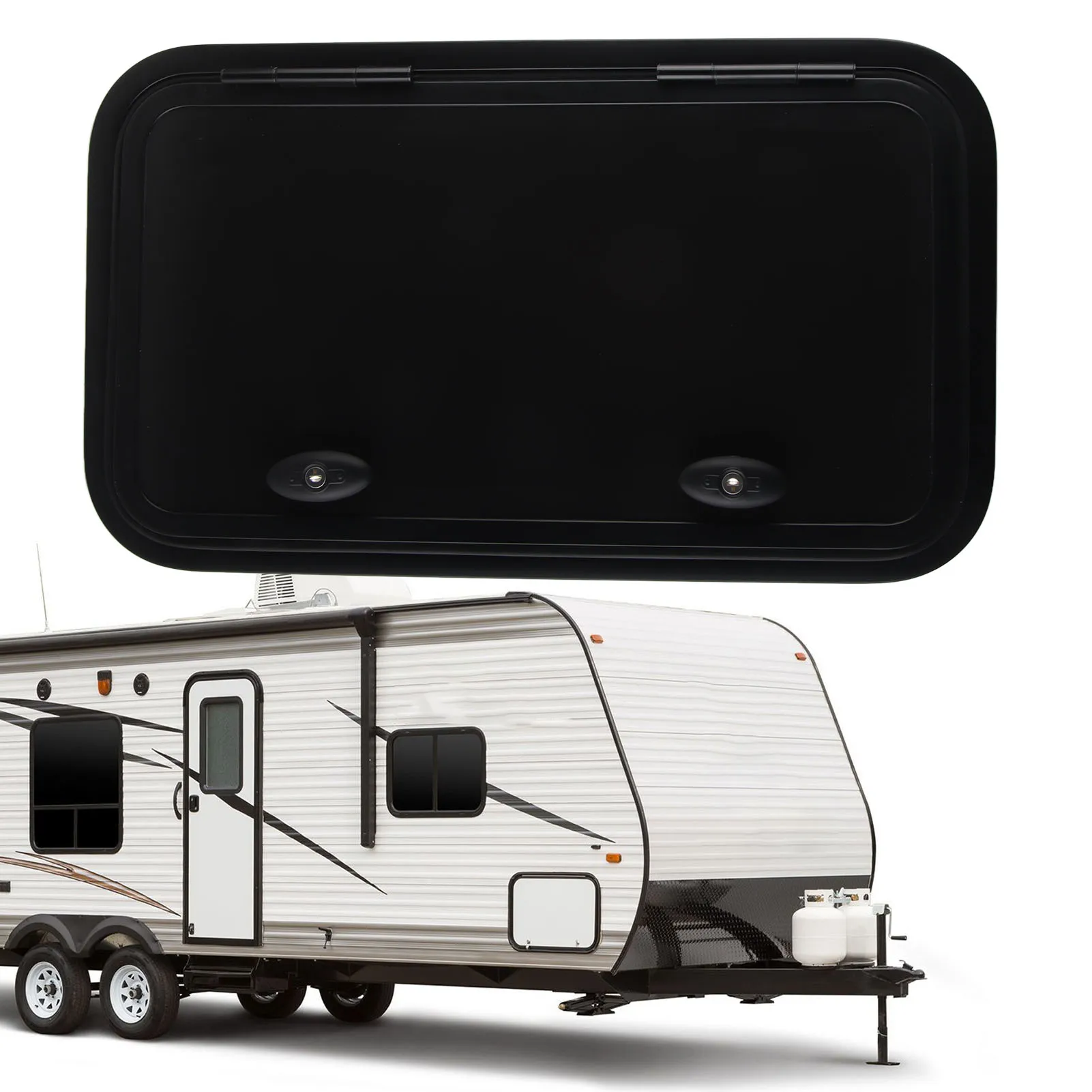 

700×400mm RV Storage Hatch with Lock and Key Heavy Duty Square Rounded Corner Black UV Proof Baggage Door for Camper Van