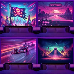 Fluorescent wall hanging dream city block racing pyramid starry sky tapestry bedroom room aesthetic decorative background cloth