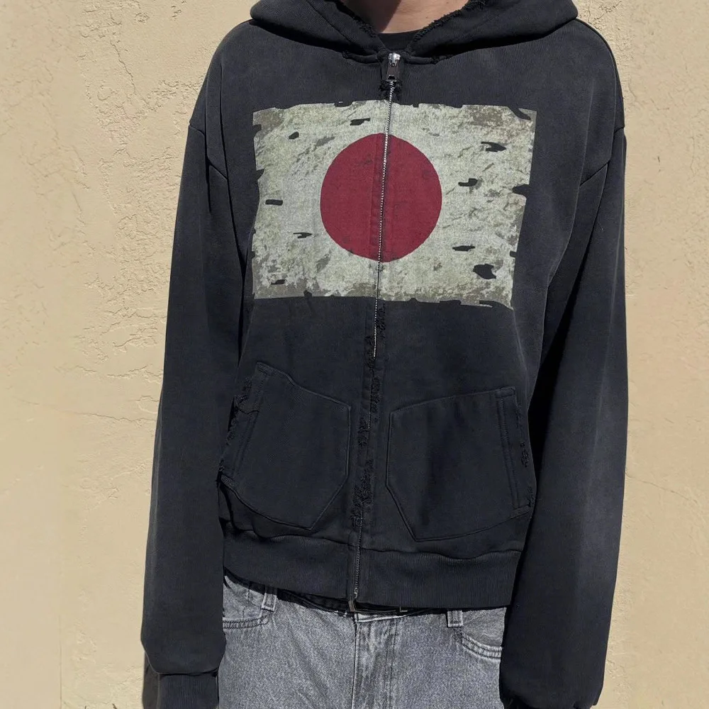 تصميم العلم الوطني الجديد لخريف وشتاء 2025 Y2K Harajuku سترة بقلنسوة بسحاب على طراز الشارع القديم هاي ستريت.