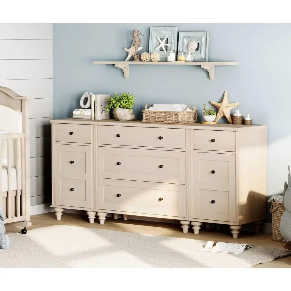 

Kids Bedroom Set: 5 Drawers, 2 Cabinets, Nightstands with Charging, Modern Dressers, Wide Chest for Nursery, Beige, 67