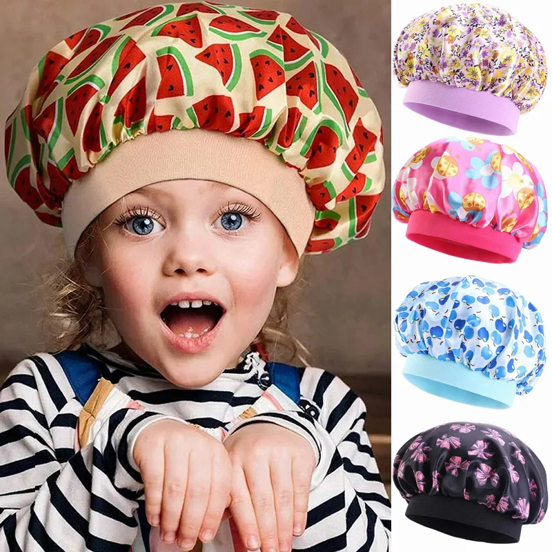 Silky Satin Kids Hat Cute Printed Night Sleep Beanie Baby Bath Shower Hats Children Hair Care Cover Fashion Satin Bonnet 3-8Y