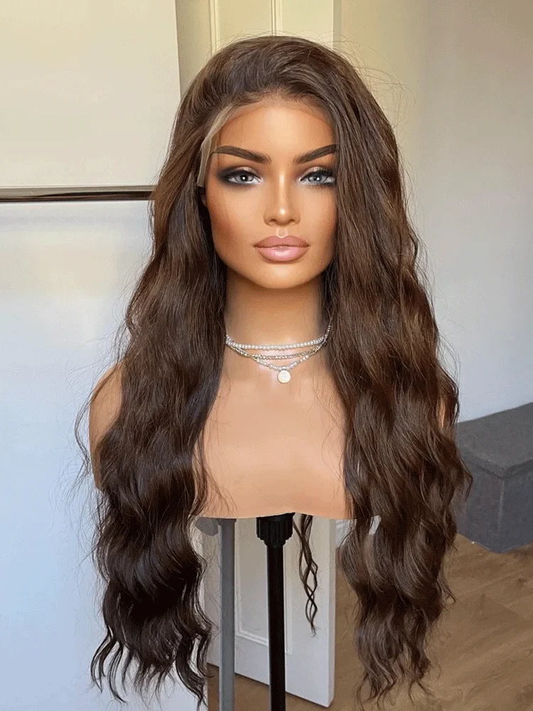 Brunette Dark Brown Lace Front Wavy Wig For Women Natural Looking 13x4 Ocean Wave Lace Front Wig Realistic Hair For Women Daily