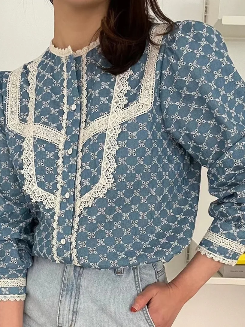 

Retro Chic Embroidered Women's irt Loose Fit Bubble Sve Single Button Design Versatile Casual Faion Korean Sle