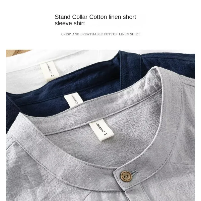 

Mens Shirts Mens Clothing Summer New Linen Short Sleeve Stand Collar Breathable Casual Loose Fit Half Sleeve Shirt