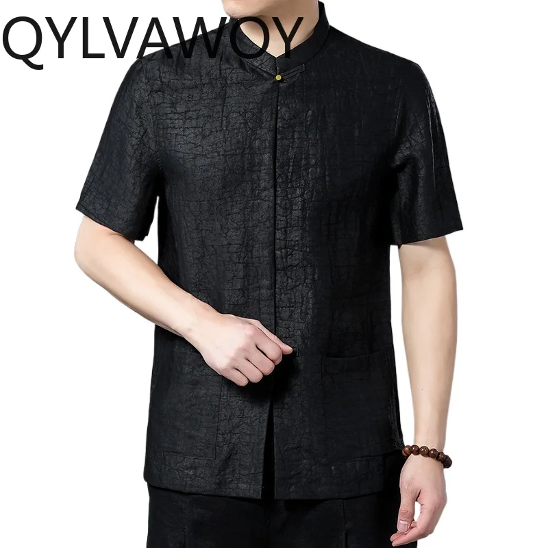 QYLVAWOY Brand 100% Real Mulberry Silk Shirt Men Clothing 2026 Summer Xiangyunsha Short Sleeve Tops Stand Collar Black Shirts