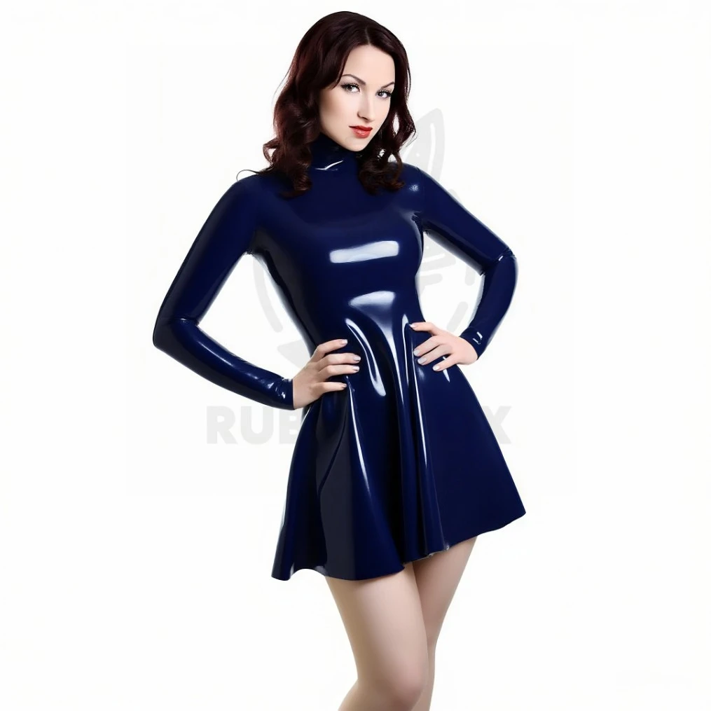 

customized rubber women's latex long sleeve high neck flared mini dress fashion party clubwear cosplay